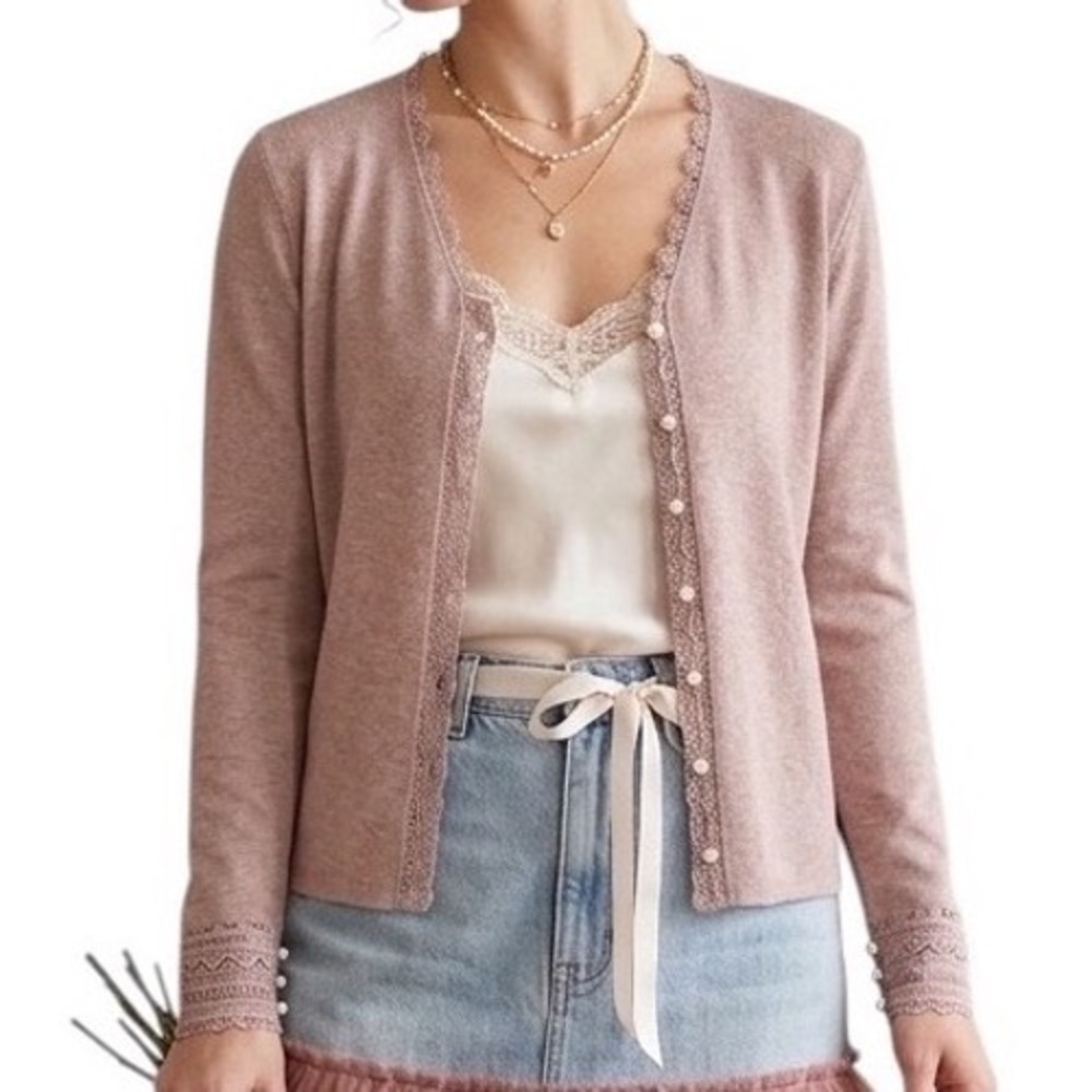 LIV Milano Womens Mauve Taupe Ribbed Knit Lace Trim Pearl Button Cardigan Size M